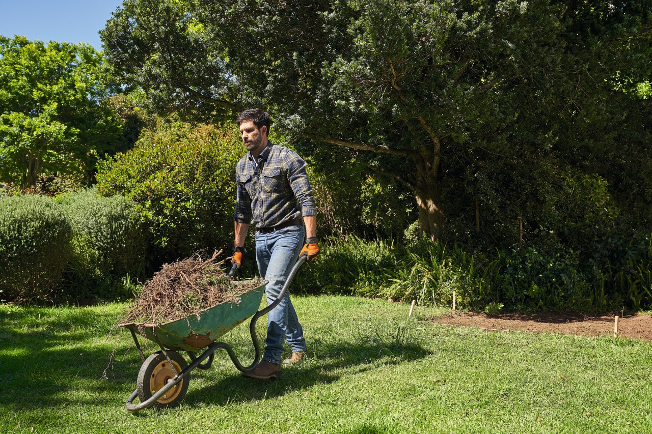 Un hombre transportando residuos de jardín en una carretilla  