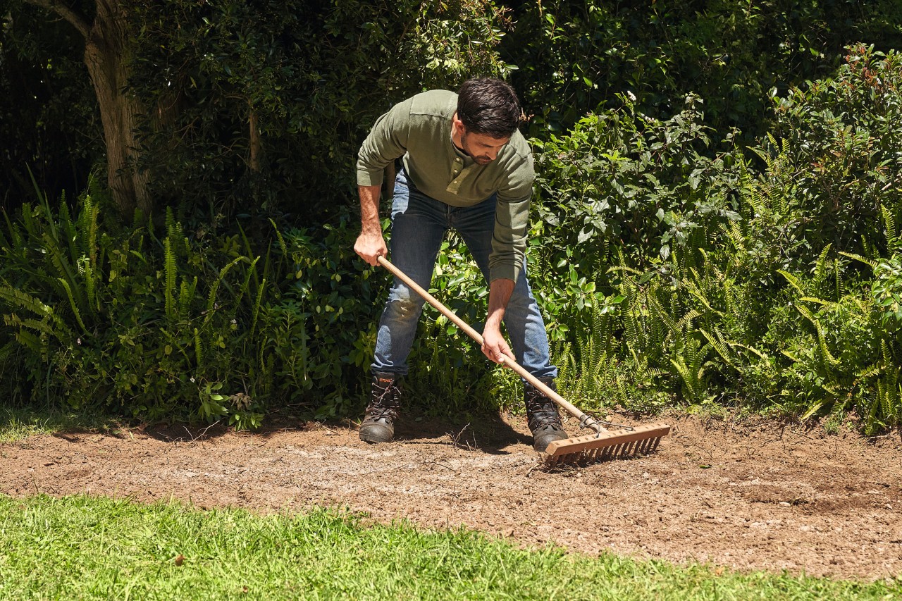 Un hombre rastrilla las semillas para conseguir un campo de flores silvestres en el jardín 