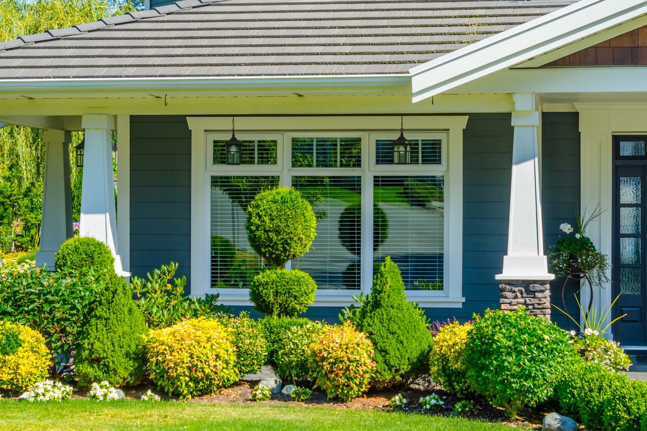 Atractivo jardín principal con plantas y arbustos con forma ornamental