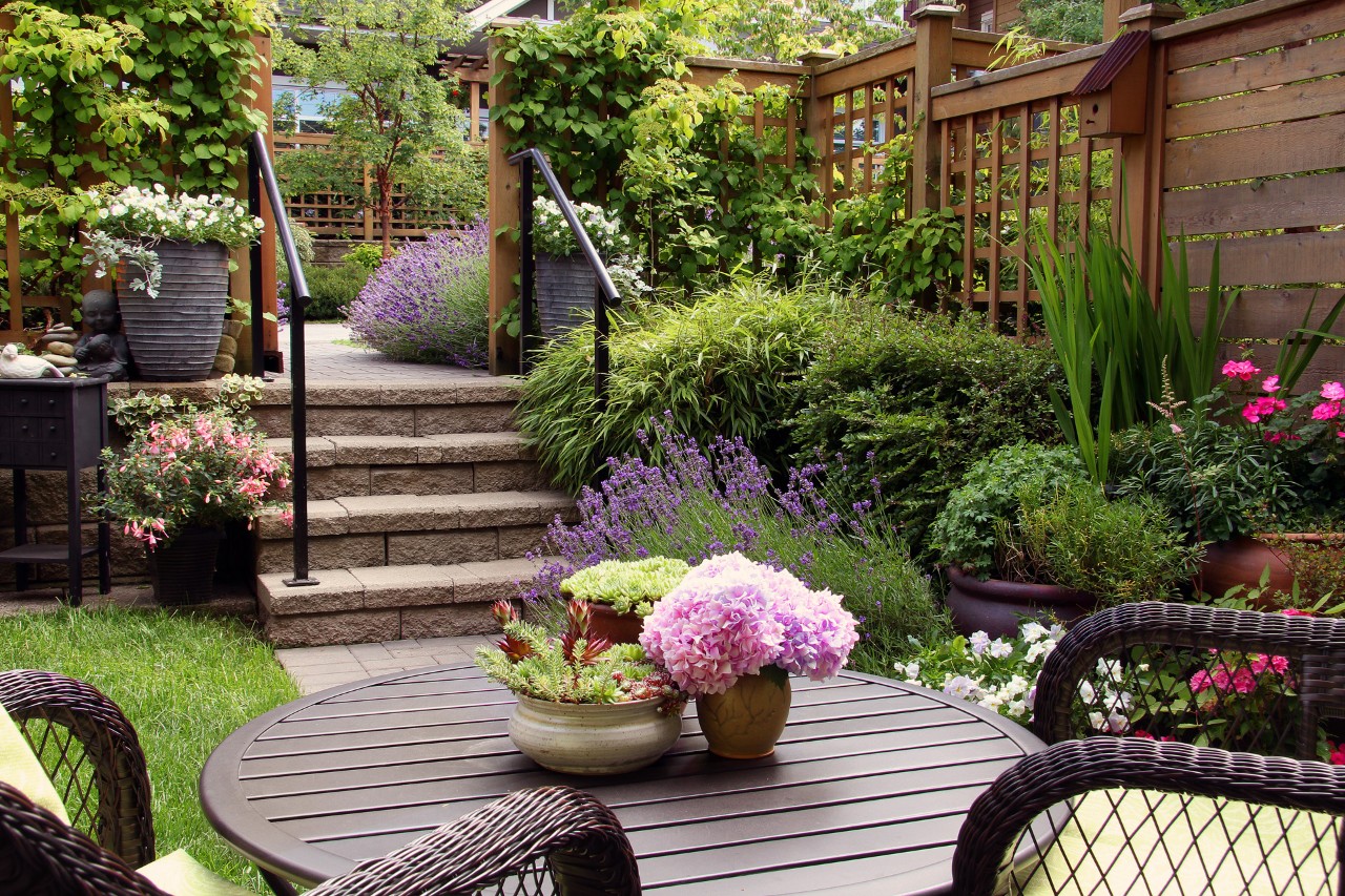 Pequeño jardín con muebles, escalones de piedra, arbustos, jardineras, parterres y vallas en la parte trasera.