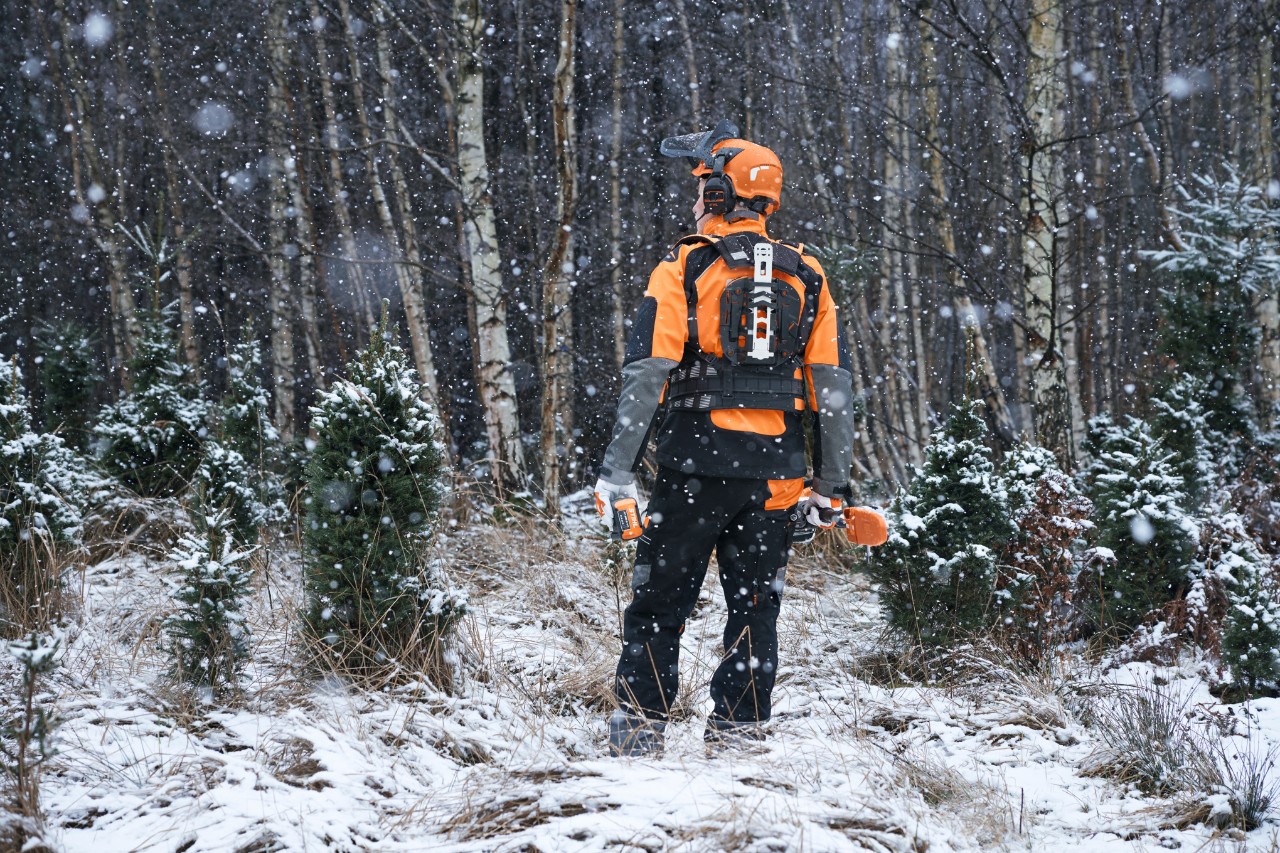Trabajador forestal de espaldas en un bosque nevado, con equipo de protección STIHL con sistema de arnés modular y máquinas de batería para el cuidado de arboledas jóvenes