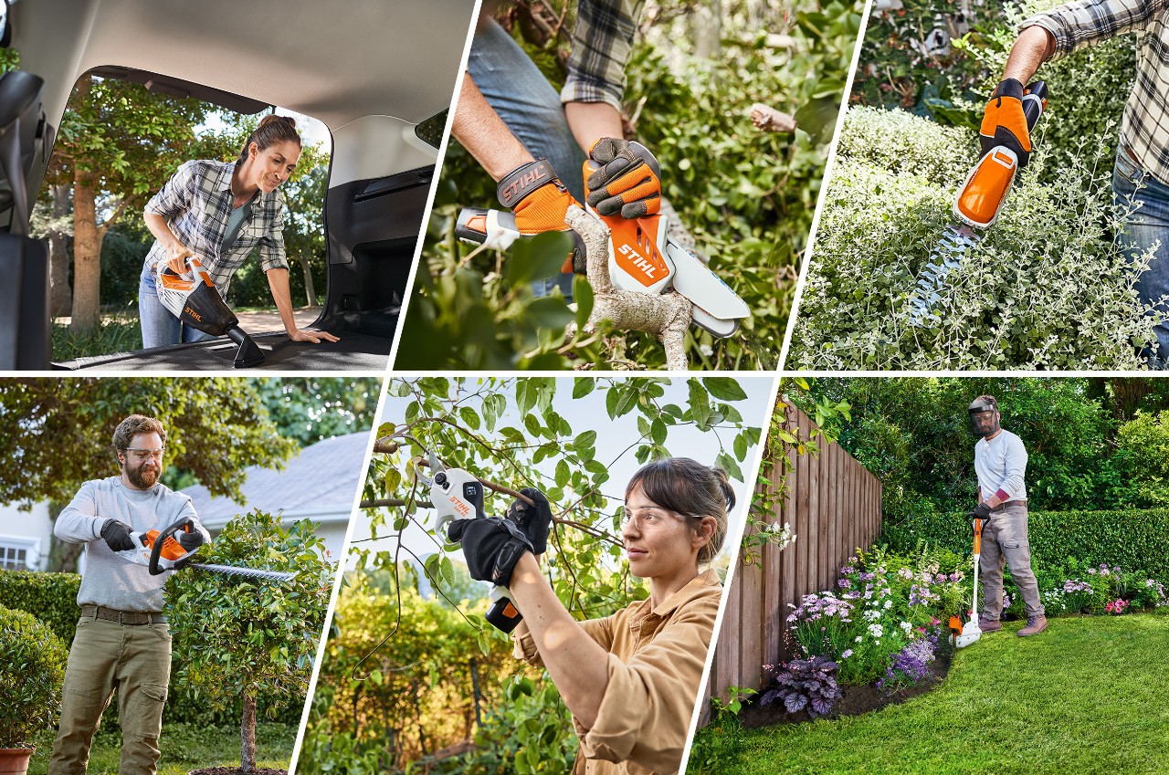 Personas realizando diferentes trabajos de jardinería, como poda ornamental y recorte de bordes de césped, con las máquinas de batería del sistema AS Pie de foto: Las máquinas del sistema AS se pueden utilizar de forma versátil para diferentes trabajos de jardinería 